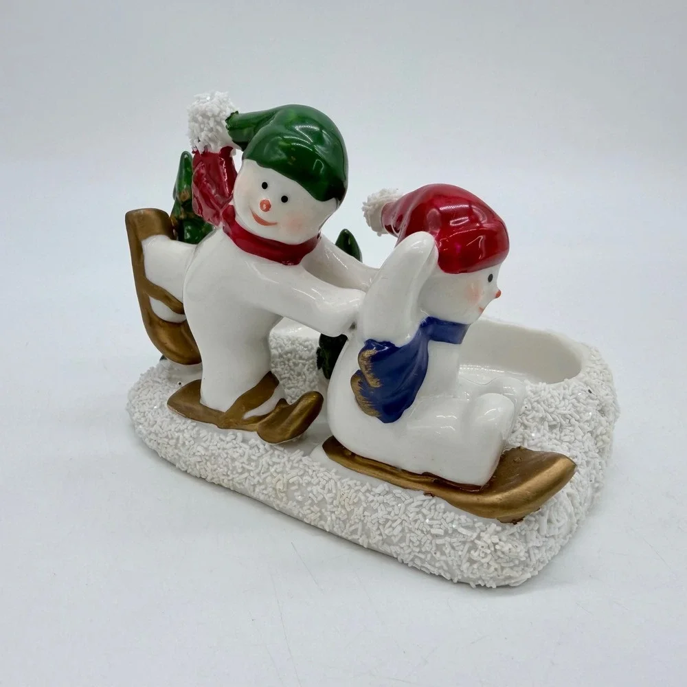 Vintage Ceramic Snowman‎ Skiing Sledding Double Votive Candle Holder